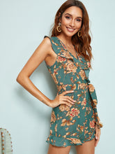 Load image into Gallery viewer, Floral Print Ruffle Trim Wrap Romper