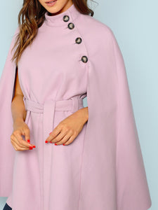 Button Front Self Belted Cape Coat