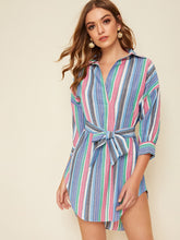 Load image into Gallery viewer, Colorful Striped Belted Notched Shirt Dress