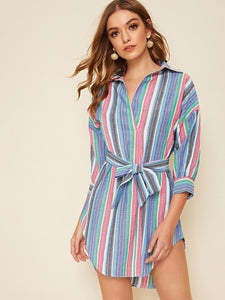 Colorful Striped Belted Notched Shirt Dress