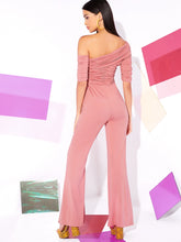 Load image into Gallery viewer, Asymmetrical Neck Ruched Detail Flare Leg Jumpsuit