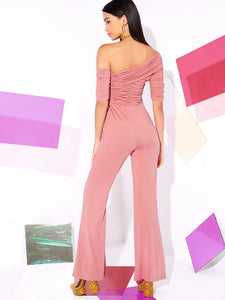 Asymmetrical Neck Ruched Detail Flare Leg Jumpsuit