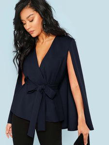 Surplice Neck Tie Waist Cape Coat