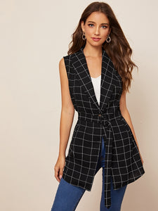 Plaid Shawl Collar Belted Vest Blazer