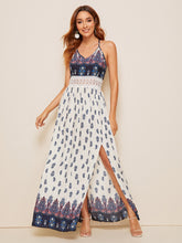 Load image into Gallery viewer, Lace Detail Waist Tribal Split Thigh Slip Dress