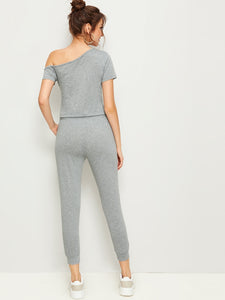 Asymmetric Neck Drawstring Knot Slim Fit Jumpsuit