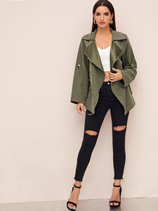 Waterfall Collar Elastic Waist Rolled Tab Sleeve Coat