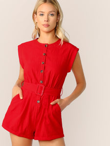 Button Front Buckle Belted Romper