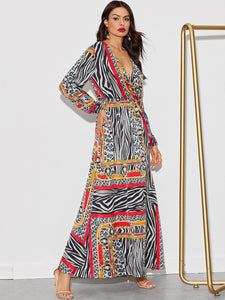 Animal Scarf Print Surplice Neck Maxi Dress