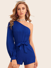 Load image into Gallery viewer, One Shoulder Solid Belted Romper