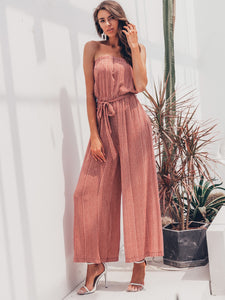 Simplee Striped Belted Wide Leg Tube Jumpsuit