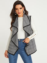 Load image into Gallery viewer, Plaid Waterfall Collar Contrast Binding Coat