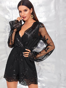 Sequin Detail Surplice Neck Mesh Romper