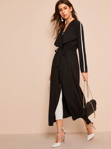 Waterfall Collar Drawstring Waist Longline Coat