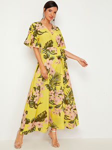 Botanical Print Ruffle Cuff Tie Side Wrap Dress