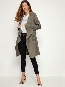 Solid Drawstring Waist Roll-up Sleeve Trench Coat