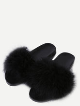 Load image into Gallery viewer, Black Faux Fur Soft Sole Flat Slippers