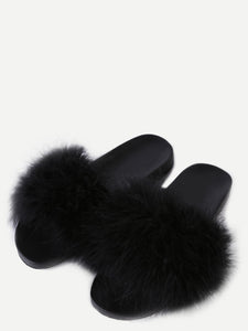 Black Faux Fur Soft Sole Flat Slippers