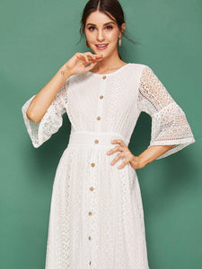 Bell Sleeve Button Detail Lace Dress