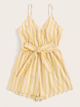 Load image into Gallery viewer, Surplice Neck Striped Belted Cami Romper