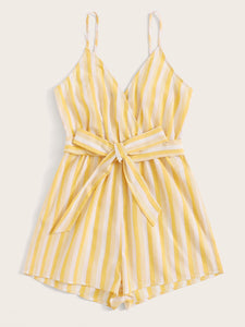 Surplice Neck Striped Belted Cami Romper