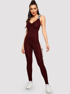 Color-block Lettering Strap Tank Jumpsuit