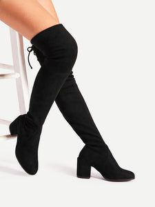 Tie Back Over Knee Block Heeled Boots