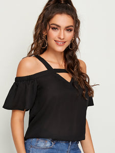 Cutout Front Cold Shoulder Solid Top