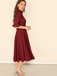 Bell Sleeve Ribbed Knit Midi Dress