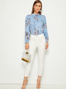 Mock-neck Floral Print Keyhole Back Blouse