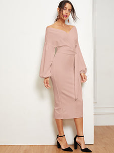 Blouson Sleeve Slit Hem Surplice Bardot Dress