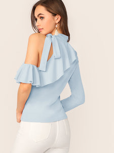 Tie Neck Cold Shoulder Ruffle Trim Top