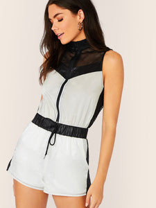 O-ring Zip Mesh Yoke and Back Drawstring Waist Romper