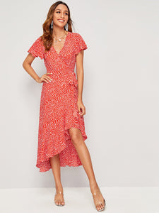 Allover Print Flutter Sleeve Tie Side Wrap Dress