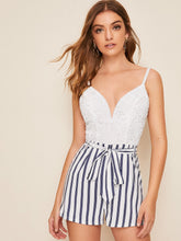 Load image into Gallery viewer, Plunging Neck Guipure Lace Bodice Belted Striped Combo Romper