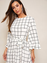 Load image into Gallery viewer, Bell Sleeve Flounce Hem Grid Dress With Belt