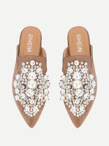 Faux Pearl Decorated Flat Mules