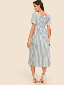 50s Vertical-stripe Button Up Pocket Patched Dress