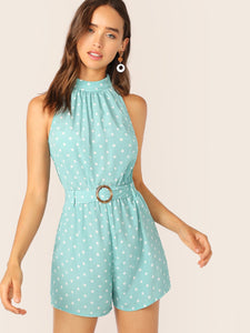 Plicated Detail Buckle Belted Halter Romper