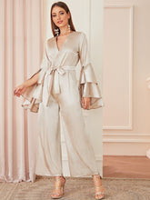 Load image into Gallery viewer, Satin Surplice Front Layered Flounce Sleeve Jumpsuit