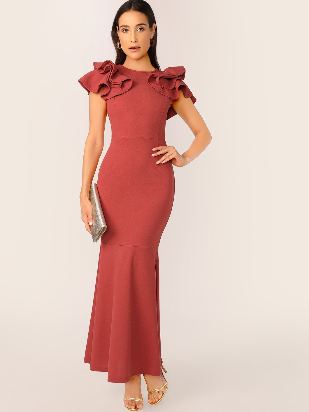 Solid Ruffle Trim Fishtail Hem Bodycon Dress