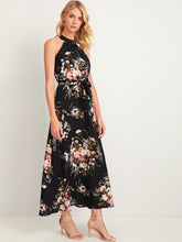 Load image into Gallery viewer, Floral Print Tie Back Belted Maxi Dress