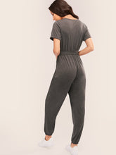 Load image into Gallery viewer, Surplice Neck Rolled Sleeve Belted Jumpsuit