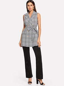 Double Button Belted Plaid Vest Blazer