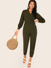 Load image into Gallery viewer, V-neck Shirred Cuff O-ring Belted Jumpsuit