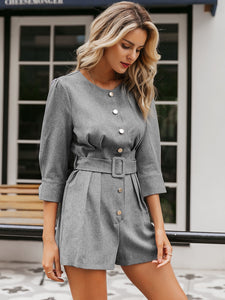 Simplee Solid Button Detail Belted Romper