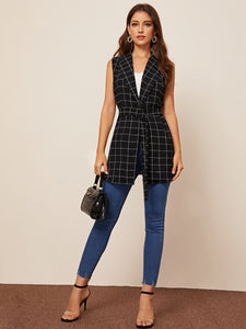 Plaid Shawl Collar Belted Vest Blazer