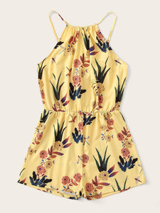 Elastic Waist Floral Print Halter Romper