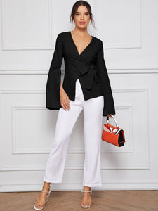 Bell Split Sleeve Surplice Neck Knot Blazer