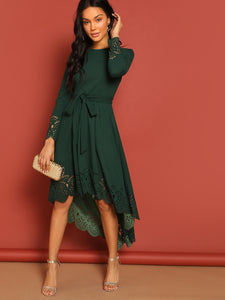 Laser Cut Scalloped Trim Belted Dress